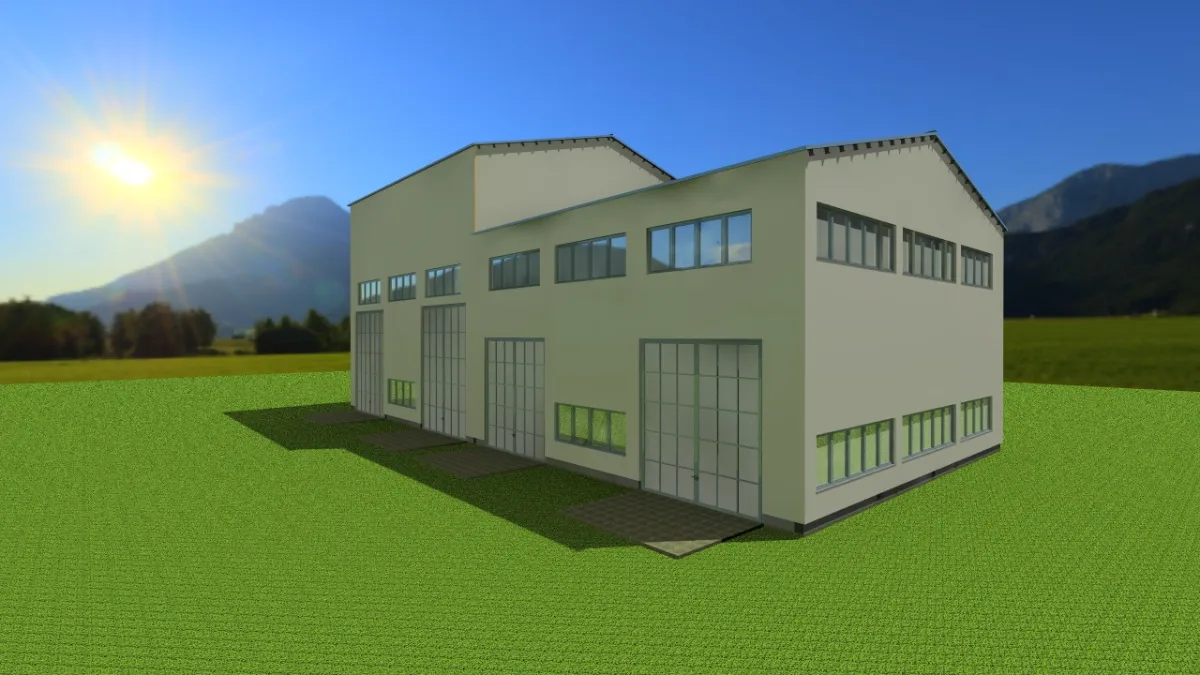 Duna Steel Tech telephelybővítés második ütem 14 méter belmagasságú csarnok, az első ütemben átadott 19 méter belmagasságú csarnok mellett